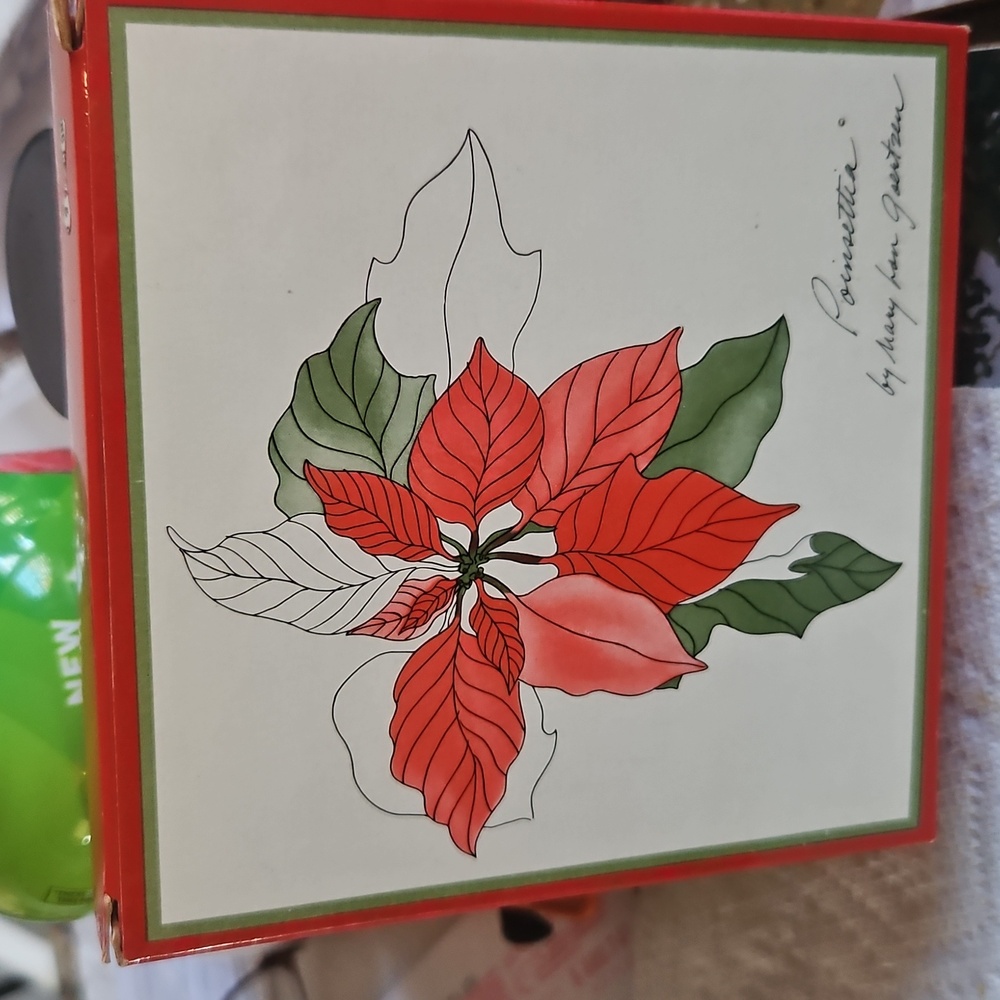 Set of 3 Mary Lou Goertzen Ceramic/Cork Poinsettia Coasters.